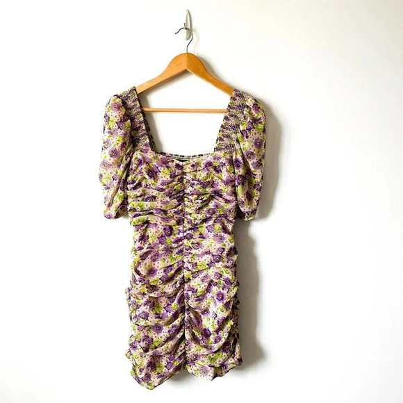 Zara Floral Ruched Puff Sleeve Draped Smocked Mini Dress Lilac  Purple Medium - Picture 5 of 8
